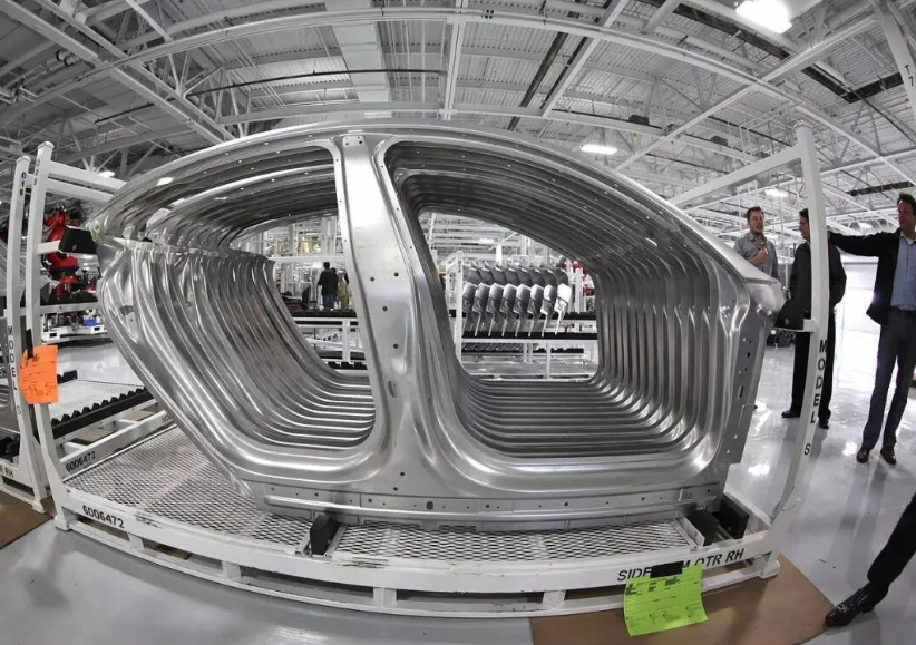 All-aluminum car body on assembly line