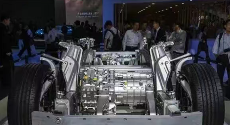 Aluminum car chassis on display