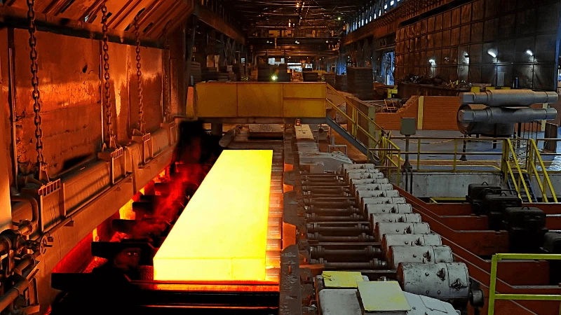 Hot-rolled steel slab in rolling mill