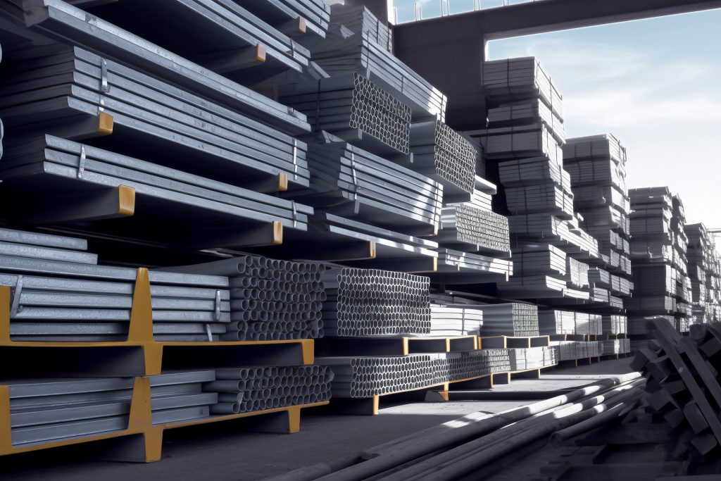 Stacked steel profiles in warehouse