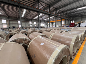Packaged electrical steel coils in warehouse